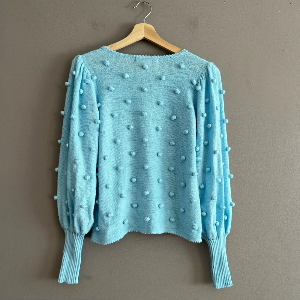 LILLY PULITZER Kippa Pom Pom Sweater Light Blue Sz S Ballon Sleeves Cotton Blend - Picture 4 of 15
